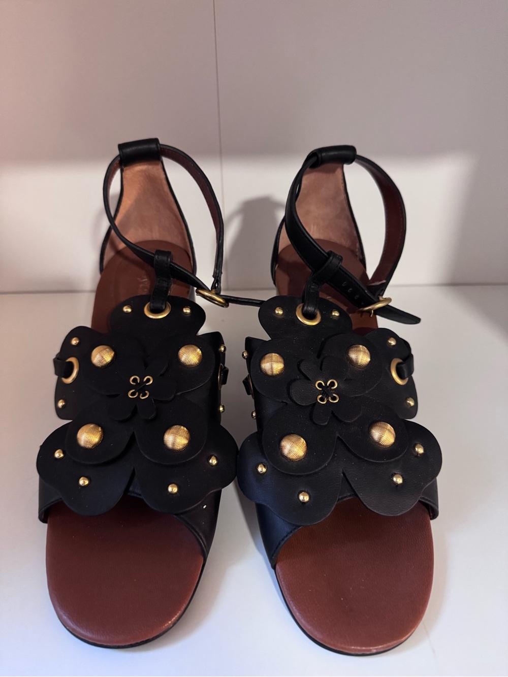 See by Chloe Black Floral Stud Sandals with Gold Accents